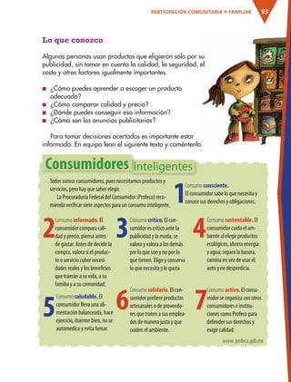 93PARTICIPACIÓN COMUNITARIA Y FAMILIAR
Lo que conozco
Algunas personas usan productos que eligieron sólo por su
publicidad, sin tomar en cuenta la calidad, la seguridad, el
costo y otros factores igualmente importantes.
■ ¿Cómo puedes aprender a escoger un producto
adecuado?
■ ¿Cómo comparar calidad y precio?
■ ¿Dónde puedes conseguir esa información?
■ ¿Cómo son los anuncios publicitarios?
Para tomar decisiones acertadas es importante estar
informado. En equipo lean el siguiente texto y coméntenlo.
1
2
5
3
6
4
7
Todos somos consumidores, pues necesitamos productos y
servicios, pero hay que saber elegir.
La Procuraduría Federal del Consumidor (Profeco) reco-
mienda verificar siete aspectos para un consumo inteligente.
Consumo consciente.
El consumidor sabe lo que necesita y
conoce sus derechos y obligaciones.
Consumo informado. El
consumidor compara cali-
dad y precio, piensa antes
de gastar. Antes de decidir la
compra, valora si el produc-
to o servicio cubre necesi-
dades reales y los beneficios
que traerán a su vida, a su
familia y a su comunidad.
Consumo crítico. El con-
sumidor es crítico ante la
publicidad y la moda, se
valora y valora a los demás
por lo que son y no por lo
que tienen. Elige y conserva
lo que necesita y le gusta.
Consumo solidario. El con-
sumidor prefiere productos
artesanales o de proveedo-
res que traten a sus emplea-
dos de manera justa y que
cuiden el ambiente.
Consumo saludable. El
consumidor lleva una ali-
mentación balanceada, hace
ejercicio, duerme bien, no se
automedica y evita fumar.
Consumo activo. El consu-
midor se organiza con otros
consumidores e institu-
ciones como Profeco para
defender sus derechos y
exigir calidad.
inteligentes
Consumo sustentable. El
consumidor cuida el am-
biente al elegir productos
ecológicos, ahorra energía
y agua; separa la basura,
camina en vez de usar el
auto y no desperdicia.
inteligentesConsumidores
www. profeco.gob.mx
AB-ESP-4-P-001-160.indd 93 25/11/11 13:51
 