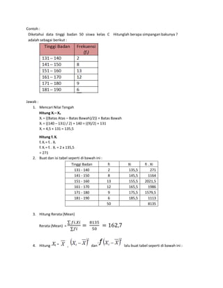 Contoh :
Diketahui data tinggi badan 50 siswa kelas C
adalah sebagai berikut :
Hitunglah berapa simpangan bakunya ?
Jawab :
1. Mencari Nilai Tengah
Hitung Xi – Xn
Xi = ((Batas Atas – Batas Bawah)/2)) + Batas Bawah
Xi = ((140 – 131) / 2) + 140 = ((9)/2) + 131
Xi = 4,5 + 131 = 135,5
Hitung fi Xi
fi Xi = fi . Xi
fi Xi = fi . Xi = 2 x 135,5
= 271
2. Buat dan isi tabel seperti di bawah ini :
Tinggi Badan fi Xi fi . Xi
131 - 140 2 135,5 271
141 - 150 8 145,5 1164
151 - 160 13 155,5 2021,5
161 - 170 12 165,5 1986
171 - 180 9 175,5 1579,5
181 - 190 6 185,5 1113
50 8135
3. Hitung Rerata (Mean)
Rerata (Mean) =
∑ 𝑓𝑖.𝑋𝑖
∑𝑓𝑖
=
8135
50
= 162,7
4. Hitung , dan lalu buat tabel seperti di bawah ini :
 