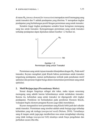  ESPA4227/MODUL 1 1.11
di mana Mdt (money demand for transaction) merupakan motif memegang uang
untuk transaksi dan Y adalah pendapatan yang diterima. Y merupakan tingkat
pendapatan yang berhubungan positif dengan permintaan uang untuk transaksi.
Semakin tinggi tingkat pendapatan semakin besar keinginan memegang
uang kas untuk transaksi. Ketergantungan permintaan uang untuk transaksi
terhadap pendapatan dapat dijelaskan dalam Gambar 1.2 berikut ini.
Y
Md
Mdt
Gambar 1.2
Permintaan Uang untuk Transaksi
Permintaan uang untuk tujuan transaksi ditunjukkan dengan Mdt. Pada motif
transaksi, Keynes mengikuti jejak Klasik bahwa permintaan untuk transaksi
tergantung pendapatan, namun perbedaannya terletak pada penekanan motif
spekulasi dan peranan tingkat bunga dalam menentukan permintaan uang untuk
spekulasi.
2. Motif Berjaga-jaga (Precautionary Motive)
Sesuai dengan fungsinya sebagai alat tukar, maka tujuan seseorang
memegang uang adalah karena kebutuhannya untuk melakukan transaksi.
Karena itu, kebutuhan uang untuk transaksi ini dipengaruhi oleh tingkat
pendapatan. Pemikiran ini berlandaskan pada pemikiran Ekonom Klasik,
walaupun begitu ekonom penganut Keynes juga tidak menolaknya.
Keynes menganalisis teori permintaan uang Klasik lebih jauh dari sekedar
untuk transaksi. Permintaan uang tersebut adalah untuk berjaga-jaga terhadap
kebutuhan yang tak terduga (unexpected need) (Nelson, 2010). Tersedianya
uang di tangan untuk jaga-jaga memberikan rasa aman menghadapi rekening
yang tidak terduga (unexpected bill) misalnya untuk biaya pengobatan dan
perbaikan secara tiba-tiba.
 