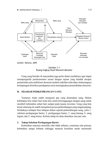  ESPA4227/MODUL 1 1.3
Kegiatan Ekonomi
Secara makro
Penyediaan UangBank Sentral
Bank dan
Lembaga
Keuangan Lain
Masyarakat
Pemberian
pinjaman
dan
investasi
Teori
Ekonomi
Moneter
Kekuatan
kekuatan
non moneter
Kekuatan
kekuatan
non moneter
Deposito
bank
Cadangan
bank
Mata uang
Mata uang
Sumber: Raharjo, 2009
Gambar 1.1
Ruang lingkup Studi Ekonomi Moneter
Uang yang beredar di masyarakat juga perlu diatur jumlahnya agar dapat
mempengaruhi perekonomian sesuai dengan tujuan yang hendak dicapai
pemerintah yaitu stabilisasi ekonomi melalui stabilitas nilai tukar, berkurangnya
ketimpangan distribusi pendapatan serta meningkatkan pertumbuhan ekonomi.
B. SEJARAH PERKEMBANGAN UANG
Tentunya Anda sudah mengenal apa yang dinamakan uang. Dalam
kehidupan kita sehari hari tentu kita selalu bersinggungan dengan uang untuk
membeli kebutuhan sehari hari sampai pada tujuan investasi. Uang yang kita
kenal sekarang ini sudah mengalami proses perkembangan yang sangat panjang.
Setidaknya terdapat lima tahapan dalam sejarah perkembangan uang, yaitu 1.
sebelum perdagangan barter, 2. perdagangan barter, 3. uang barang, 4. uang
logam, dan 5. uang kertas. Kelima tahap ini akan diuraikan satu per satu.
1. Tahap Sebelum Perdagangan Barter
Kebutuhan manusia memiliki sifat tidak terbatas, sementara alat pemuas
kebutuhan sangat terbatas sehingga manusia kesulitan untuk memenuhi
 