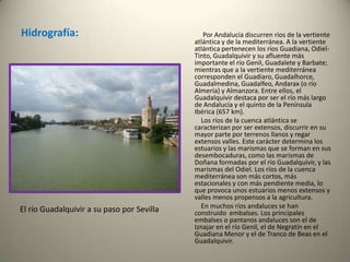 Hidrografía:             Por Andalucía discurren ríos de la vertiente atlántica y de la mediterránea. A la vertiente atlántica pertenecen los ríos Guadiana, Odiel-Tinto, Guadalquivir y su afluente más importante el río Genil, Guadalete y Barbate; mientras que a la vertiente mediterránea corresponden el Guadiaro, Guadalhorce, Guadalmedina, Guadalfeo, Andarax (o río Almería) y Almanzora. Entre ellos, el Guadalquivir destaca por ser el río más largo de Andalucía y el quinto de la Península Ibérica (657 km).             Los ríos de la cuenca atlántica se caracterizan por ser extensos, discurrir en su mayor parte por terrenos llanos y regar extensos valles. Este carácter determina los estuarios y las marismas que se forman en sus desembocaduras, como las marismas de Doñana formadas por el río Guadalquivir, y las marismas del Odiel. Los ríos de la cuenca mediterránea son más cortos, más estacionales y con más pendiente media, lo que provoca unos estuarios menos extensos y valles menos propensos a la agricultura.             En muchos ríos andaluces se han construido  embalses. Los principales embalses o pantanos andaluces son el de Iznajar en el río Genil, el de Negratín en el Guadiana Menor y el de Tranco de Beas en el Guadalquivir.El río Guadalquivir a su paso por Sevilla
