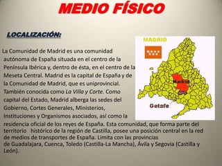 RELIEVE:      El relieve de la Comunidad de Madrid está definido por tres grandes unidades: la sierra y la llanura del río Tajo, separadas entre sí por el piedemonte.Primera unidad de relieve      Las sierras de Guadarrama  Ayllón y Gredos  conforman un paisaje típico de montaña, con altitudes máximas  La sierra madrileña está estructurada en falla, aspecto que puede apreciarse a simple vista en la denominada Falla de Torrelodones, en el municipio del mismo nombre.Segunda unidad de relieve       Las campiñas, páramos y vegas configuran geomorfológicamente la segunda unidad de relieve, articulada alrededor de la cuenca del río Tajo. Aquí se encuentran las mínimas altitudes de la comunidad autónomaTercera unidad de relieve      A modo de transición entre la sierra y las llanuras arenosas del río Tajo, aparece la llamada Rampa de la Sierra o piedemonte, que se extiende desde la confluencia de los ríos Jarama y Lozoya, al norte del provincia, hasta el suroeste de la comunidad, formando una franja paralela a la sierra