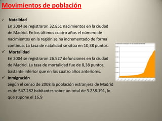 ECONOMÍA     La ciudad de Madrid tenía en     2003 un Producto Interior Bruto de     79.785.000.000 €, suponiendo el     10% de la renta nacional. De los     sectores económicos de la ciudad,     el más importante es el terciario o     sector servicios, que representa ya     un 85,09% de la economía de la     ciudad. Dentro de este sector destacan los servicios financieros (31,91% del PIB total) y las actividades comerciales (31,84% del PIB total). El resto del PIB lo aporta la industria (8,96% del PIB total), el sector de la construcción (5,93% del PIB total). La agricultura tiene un carácter residual, de manera que apenas aporta un 0,03% del total.