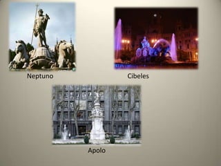 Siglo XVIII            Palacio RealEn la Calle de Bailén. Impresionante conjunto monumental de estilo barroco clasicista italiano, construido sobre el solar del antiguo Alcázar. La obra fue iniciada por encargo de Felipe V y en ella trabajaron Juvara, Sabatini y Sachetti. Sin embargo el primero que lo habitó fue Carlos III, que lo inauguró en 1714. Se considera uno de los mejores palacios de Europa. En su interior alberga excelentes salones con numerosas riquezas artísticas, destacando entre ellos el Salón del Trono. Junto al Palacio se encuentran los bellos Jardines de Sabatini y el Campo del Moro.La Casa de CorreosEn la Puerta del Sol. Construida por el arquitecto francés Maquet entre 1766 y 1768. Hoy sede de la Comunidad de Madrid.La Casa de PostasEn la Plaza de Pontejos. Construido en época de Carlos IV por Pedro Arnal, entre 1795 y 1800. Este ejemplar neoclásico alberga hoy dependencias de la Comunidad de Madrid.La Real Casa de AduanasEn Alcalá . Edificada por mandato de Carlos II, fue construida por Sabatini entre 1761 y 1769.Museo del Prado En el Paseo del Prado. Es quizás el mejor edificio neoclásico de Madrid.  Fue construido en 1785 para albergar el museo de ciencias naturales, sirvió de arsenal durante la Guerra de la Independencia, y en 1819 fue inaugurado como museo de pintura.Fuente de la Cibeles En el Paseo del Prado. Esculpida sobre dibujos de Ventura Rodríguez, compone hoy uno de los símbolos más característicos de Madrid.Fuente de ApoloEn el Paseo de la Castellana. Diseño de Ventura Rodríguez.Fuente de NeptunoEn el Paseo de la Castellana. Diseño de Ventura Rodríguez.Puerta de AlcaláEn la Plaza de la Independencia. Este  arco de triunfo, inmerso en un punto neurálgico de tráfico madrileño, fue construida por Francisco Sabatini en 1778, en conmemoración de la entrada en Madrid de Carlos III.Jardín BotánicoEn el Paseo del Prado. Este jardín fue construido en 1811 como resultado del Programa, de 1781, de Ordenación del Salón del Prado y Atocha. Su artífice fue Juan de Villanueva, arquitecto que por primera vez se planteó la reforma urbanística de Madrid.Puente de ToledoEn la Glorieta de las Pirámides y la Plaza del Marqués de Vadillo. Construido entre 1719 y 1724, tiene en su centro dos templetes barrocos.Observatorio AstronómicoObra de Juan de Villa Nueva que lo comenzó en 1790.