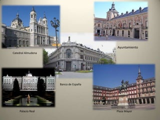Siglo XIX         Plaza de Oriente Frente a la fachada Este del Palacio Real. Durante el corto reinado de José Bonaparte se demolieron los edificios medievales que estaban situados frente al palacio real con la intención de dotar a la ciudad de unos jardines como los de los Campos Eliseos. En el proyecto del monarca dicha avenida debiera llegar hasta la plaza de la Cibeles. En ello se destruyeron conventos y palacios de gran valor artístico. El proyecto no fue concluido por la derrota francesa en la Guerra de la Independencia. Isabel II sería la que concluyera el actual trazado con la construcción del Teatro Real y los jardines. Teatro RealEn la Plaza de Oriente y la plaza de Isabel II. Inmenso teatro proyectado por López Aguado y construido por Custodio Moreno en 1818 destinado a albergar el teatro de la opera. A su bella fachada se le añade el interés de poseer uno de los mayores escenarios del mundo. Su actual reforma se ha emprendido con la finalidad de devolverle la función de Opera de la ciudad.Puerta de ToledoEn la Glorieta de la Puerta de Toledo. Se construyó en 1817 como conmemoración de la vuelta a Madrid de Fernando VII, tras la victoria contra las tropas napoleónicas.Palacio del SenadoEn la Plaza de la Marina Española. Fue construido por Francisco de Mora para albergar el Salón de las Cortes. Tiene una magnífica biblioteca neogótica de 1883.Palacio del Congreso En la Plaza de las Cortes. Aunque fuera construido en 1843, su fachada sigue el modelo de palacio renacentista. Destaca su gran portada neoclásica.Teatro de la ZarzuelaEn la Calle Jovellanos. Fue construido en 1856, por Jerónimo de la Gandara .Puerta del SolLa más importante puerta de entrada al Madrid del s. XV. Este espacio urbano, que fue de carácter defensivo en el siglo XV, pasa a ser posteriormente el núcleo de la actividad social de la villa. Fue reformado por Lucio del Valle entre 1859 y 1868. Destacan en esta plaza las bellas fachadas monumentales de los edificios que la rodean, el reloj monumental y el Monumento al Oso y el Madroño, símbolo y escudo de la ciudad.Biblioteca Nacional y Museo Arqueológico NacionalEn la calles Jorge Juan, Serrano y Villanueva. Proyectado por Francisco Jareño en 1865 y concluido por Antonio Ruiz de Salces en 1896. La biblioteca tiene el atractivo adicional de ser una de las bibliotecas con mayor fondo bibliográfico del mundo.Banco de EspañaEn Alcalá, 48 y Paseo del Prado. Construido por Adaro y Sainz de la Lastra entre 1842 y 1891, es uno de los mejores edificios eclécticos de Madrid.Casón del Buen RetiroEn Alfonso XII, 28. Palacete de 1886 cuyo interior fue remodelado en 1981 para albergar el legado de Picasso y su famoso cuadro, el "Güernica", aunque este último se encuentra ahora en el Museo Nacional Centro de Arte Reina Sofía.Palacio de CristalEn el parque del Retiro. Bellísimo pabellón de hierro y cristal construido en 1887, como invernadero de plantas exóticas para una Exposición sobre Filipinas.Sociedad de AutoresEn las calles de Fernando VI y Pelayo. Es el mejor exponente del modernismo en Madrid. Fue construida para casa-palacio del banquero Longoria.