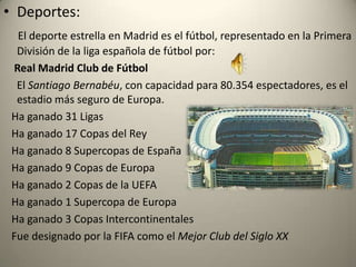 Transportes:AutovíasLas principales autovías de Madrid tienen un recorrido radial. Las más importantes son las conocidas nacionales:Metro: Actualmente el Metro de Madrid es la segunda red de metro  más extensa de Europa Occidental después de la de Londres.Ferrocarril:         La compañía pública de ferrocarriles (Renfe) opera en casi todas las líneas de         tren españolas. Las estaciones de ferrocarril más importantes de Madrid son         las de Atocha ,Chamartín y, para el transporte de mercancías, la estación de        clasificación de Vicálvaro, al este de la ciudad.                                                                    Estación de Atocha