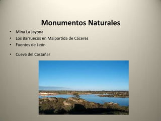 Reserva naturalReserva Natural Garganta de los Infiernos, en el Valle del Jerte y con una superficie de 6.927 ha y declarada como tal el 14 de noviembre de 1994.Paisaje Protegido Valcorchero y Sierra del Gordo en Plasencia Monumentos Naturales Mina La Jayona Los Barruecos en Malpartida de Cáceres Fuentes de León Cueva del Castañar