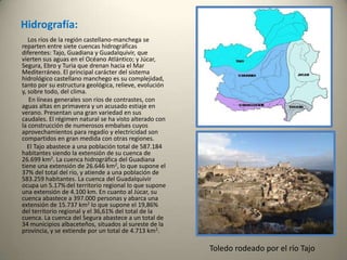 Vegetación:          El contraste entre la meseta y las montañas dan a la comunidad autónoma de Castilla-La Mancha una notable variedad ecológica. Esta ha sido una región intensamente explotada, lo que ha provocado la deforestación de buena parte de la región. Hoy en día el predominio agrícola es casi absoluto. Sin embargo, existen zonas menos explotadas, vinculadas a las montañas o a las grandes propiedades que se explotan como cotos de caza. Las manchas forestales autóctonas son notables. Predomina el bosque mediterráneo de encina, sabinas y alcornoques, sobre todo en Toledo y Ciudad Real. El pino se distribuye por todas las montañas, si bien es un pino de repoblación. El roble aparece en las montañas, en un piso más bajo que el pino. Por último destacan los bosques galería a lo largo del curso de todos los ríos, en los que predomina el chopo. Fauna:Castilla-La Mancha es refugio de numerosas especies mediterráneas amenazadas, como el lince ibérico, águila imperial ,buitre negro o cigüeña negra. En los humedales de La Mancha, la mayor concentración de lagunas interiores de la Península, invernan millares de aves acuáticas. Podemos citar al ánade friso, pato colorado, ánade real, aguilucho lagunero, zampullín cuellinegro, somormujo lavanco y martinete, entre otras especies.    También tienen aquí su hábitat la nutria y la comadreja además de peces como la carpa y la gambusia, galápagos europeo y leproso y culebras de agua. Desde el punto de vista medioambiental, el mayor problema al que se enfrenta la región es la desecación de numerosas zonas húmedas manchegas.Espacios Protegidos: Parque Nacional Tablas de Daimiel -Ciudad Real Parque Nacional de Cabañeros -Ciudad Real-Toledo                                                                Parque Natural Lagunas de Ruidera -Ciudad Real-Albacete                                             Parque Natural Hayedo de Tejera Negra -Guadalajara-Segovia                                        Parque Natural del Alto Tajo –Cuenca                                                                                    Sitio Natural Ciudad Encantada de Cuenca –Cuenca                                                      Montes de Toledo –Toledo