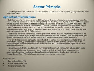 Ganadería:        La ganadería, principalmente la ovina, es una actividad tradicional pero de poca repercusión económica. La cabaña de ovino es la más importante de la región. La de caprino está en franco retroceso y hoy en día es casi marginal.         La cabaña bovina siempre fue marginal, y tiene muy poca presencia. La cabaña de porcino ha sufrido una transformación radical. Se ha pasado de la producción doméstica a las grandes explotaciones semiextensivas en las que se cría cerdo ibérico.          La cabaña avícola se concentra en torno a Madrid y Albacete. Se trata de explotaciones intensivas muy modernas. Junto a estas explotaciones se encuentran otras dedicadas a la cría del conejo. Por último es de destacar en Guadalajara la apicultura, que da mieles de gran calidad. 