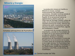 Sector TerciarioEl sector servicios es el más importante en todos los ámbitos de la economía regional. Ocupa al 55,5% de la población activa y representa el 49,78% del PIB según el CES (2006). A pesar de que el sector servicios tiene una implantación muy considerable en la economía aún está lejos de la media nacional (67,2%).Turismo:El turismo es una actividad en auge. Se trata de un turismo cultural y naturalista que busca en los pueblos tranquilidad y los valores naturales de las Tablas de Daimiel, Cabañeros, las Lagunas de Ruidera, la serranía de Cuenca, etc. Se trata de un turismo rural de calidad aún poco explotado. Cuenca y Toledo concentran la mayor parte del turismo. Toledo es Patrimonio de la Humanidad pero por su cercanía a Madrid el turismo es sólo de visitas diarias, por lo que su equipamiento hostelero es escaso. Algunos pueblos de la región tiene valores turísticos por su peso histórico y su belleza, como Sigüenza, Pastrana, Ocaña, Tembleque, Talavera de la Reina, Valdepeñas, Orgaz, Alcázar de San Juan, y Almagro, que tiene el atractivo de una interesantísima temporada de teatro clásico.            Durante el 2006 visitaron la región más de 2 millones de turistas con un crecimiento del 3% y se han rebasado los 3.500.000 de pernoctaciones. El turismo rural mejora sus cifras con un 14% en cuanto al nivel de ocupación. En el periodo 2000/2005 el crecimiento de las plazas hoteleras se situó en el 26,4%, el número de plazas de alojamiento se eleva a 17.245 y el de hoteles a 254. El crecimiento en el número de casas rurales en el mismo periodo ha sido del 148%, siendo el crecimiento de plazas ofertadas del 175%. Actualmente, el número casas rurales es de 837 y el de plazas de alojamiento rural se eleva a 5.751.