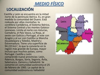 Relieve          El territorio de Castilla y León es muy complejo, aunque podemos resumirlo en tres conjuntos, el cíngulo montañoso, las penillanuras occidentales y la cuenca sedimentaria. Se trata de una región con gran variedad ecológica. Las mayores elevaciones se encuentran en la Cordillera Cantábrica: Torre Cerredo —Picos de Europa— (2.648 m), Torre del Llambrión —Picos de Europa— (2.642 m), Peña Vieja —Picos de Europa— (2.613 m), Peña Santa de Castilla —Picos de Europa— (2.589 m), Peña Prieta (2.536 m), Curavacas (2.520 m), Peña Ubiña (2.417 m) y Valnera (1.707 m); en los Montes de León: Teleno (2.188 m), Silla de la Yegua (2.135 m) y Peña Negra (2.124 m); en el Sistema Ibérico: Moncayo (2.313 m); y en el Sistema Central: Almanzor —Sierra de Gredos— (2.592 mgal. Distinguimos cuatro conjuntos: los Montes Galaico-Leoneses, la Cordillera Cantábrica, el Sistema Ibérico y el Sistema Central.           Los Montes Galaico-Leoneses separan la comunidad de Galicia. Están formados por grandes bloques graníticos elevados y hundidos. Destacan las sierras de los Ancares, Gistreo, Motes de León, Teleno, Montes Aquilanos, que rodean la fosa de El Bierzo, y por el sur las sierras, de la Cabrera, Segundera, y La Culebra, que rodean la comarca de Sanabria.    En la Cordillera Cantábrica encontramos dos sectores, uno caracterizado por la presencia de mantos de corrimiento muy potentes, entre Los Ancares (sierra del Padrón) y Picos de Europa en donde sobresalen las sierras de Mampodre y Riaño (se corresponde con el norte de León.         El Sistema Ibérico presenta en Castilla y León parte de sus formas más vigorosas, las fracturadas del eje axial (Urbión), y los pliegues en mato de corrimiento de La Demanda. Encontramos aquí múltiples sierras, las más importantes son: los Montes Obarenes, Montes de Oca, sierra de La Demanda, sierra de Urbión y sierra del Moncayo.           El Sistema Central surge como rejuvenecimiento, durante la orogenia alpina del zócalo herciniano, que eleva las estructuras hasta los 2.000 metros. Marca el límite sur de la comunidad. Su relieve es de estructura fallada, con horst y graben. Destacan las sierras de: Gata, Peña de Francia, Candelario, Gredos, La Serrota, Ávila, Guadarrama, Somosierra, Ayllón, La Pela y Ministra. Cortadas por importantes valles, como el de Béjar, o las fosas de Lozoya, Tiétar y Amblés.      
