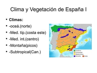 Clima y Vegetación de España I Climas: -oceá.(norte) -Med. típ.(costa este) -Med. int.(centro) -Montaña(picos) -Subtropical(Can.) 