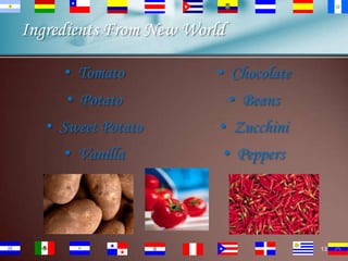 Ingredients From New World
• Tomato

• Chocolate

• Potato

• Beans

• Sweet Potato

• Zucchini

• Vanilla

• Peppers

13

 