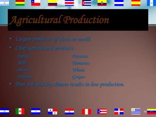 Agricultural Production
• Largest producer of olives in world
• Chief agricultural products:
Barley
Milk
Olives
Oranges

Potatoes
Tomatoes
Wheat
Grapes

• Poor soil and dry climate results in low production.

14

 