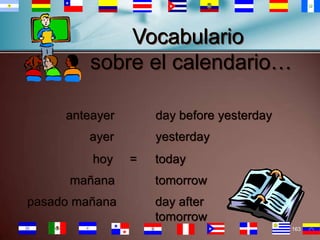 Vocabulario
sobre el calendario…
anteayer

day before yesterday

ayer
hoy

yesterday
=

today

mañana

tomorrow

pasado mañana

day after
tomorrow
163

 