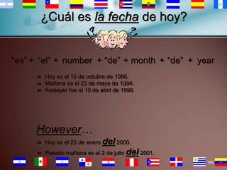 ¿Cuál es la fecha de hoy?

“es” + “el” + number + “de” + month + “de” + year
 Hoy es el 15 de octubre de 1986.
 Mañana es el 23 de mayo de 1994.
 Anteayer fue el 10 de abril de 1998.

However…
 Hoy es el 25 de enero del 2000.
 Pasado mañana es el 2 de julio del 2001.
168

 