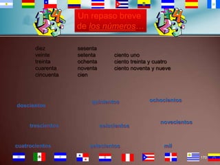 Un repaso breve
de los números…
diez
veinte
treinta
cuarenta
cincuenta

doscientos

trescientos

cuatrocientos

sesenta
setenta
ochenta
noventa
cien

ciento uno
ciento treinta y cuatro
ciento noventa y nueve

quinientos

seiscientos

setecientos

ochocientos

novecientos

mil
170

 