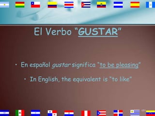 El Verbo “GUSTAR”
• En español gustar significa “to be pleasing”
• In English, the equivalent is “to like”

171

 