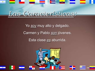 Las Características:
Yo soy muy alto y delgado.
Carmen y Pablo son jóvenes.
Esta clase es aburrida.

185

 