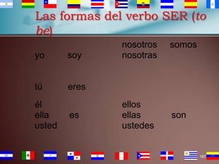 Las formas del verbo SER (to
be)
yo

soy

tú

nosotros
nosotras

somos

eres

él
ella
usted

es

ellos
ellas
ustedes

son

187

 