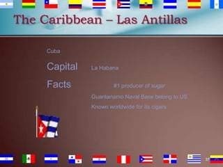 The Caribbean – Las Antillas
Cuba

Capital
Facts

La Habana
#1 producer of sugar

Guantanamo Naval Base belong to US
Known worldwide for its cigars

37

 