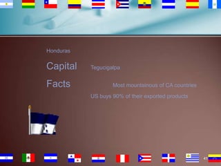 Honduras

Capital
Facts

Tegucigalpa
Most mountainous of CA countries

US buys 90% of their exported products

41

 