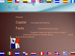 Panamá

Capital
Facts

La Ciudad de Panamá
US built Panama Canal

Panama Canal only way for ship or boat to
cross from Atlantic to Pacific without
to tip of South America

going

45

 
