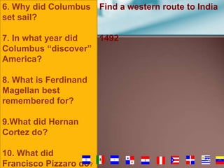 6. Why did Columbus
set sail?

Find a western route to India

7. In what year did
1492
Columbus “discover”
America?
8. What is Ferdinand
Magellan best
remembered for?
9.What did Hernan
Cortez do?
10. What did
Francisco Pizzaro do?

58

 