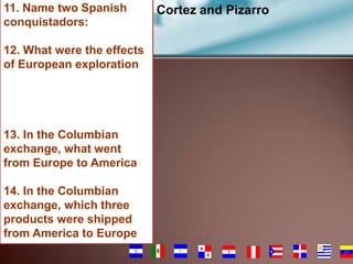 11. Name two Spanish
conquistadors:

Cortez and Pizarro

12. What were the effects
of European exploration

13. In the Columbian
exchange, what went
from Europe to America
14. In the Columbian
exchange, which three
products were shipped
from America to Europe
63

 