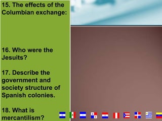 15. The effects of the
Columbian exchange:

16. Who were the
Jesuits?
17. Describe the
government and
society structure of
Spanish colonies.
18. What is
mercantilism?

71

 
