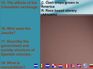 15. The effects of the C. Cash crops grown in
Columbian exchange: America
R. Race based slavery
(Africans)

16. Who were the
Jesuits?
17. Describe the
government and
society structure of
Spanish colonies.
18. What is
mercantilism?

73

 