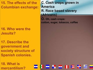 15. The effects of the C. Cash crops grown in
Columbian exchange: America
R. Race based slavery
(Africans)
O. Oh, cash crops:
cotton, sugar, tobacco, coffee

16. Who were the
Jesuits?
17. Describe the
government and
society structure of
Spanish colonies.
18. What is
mercantilism?

74

 