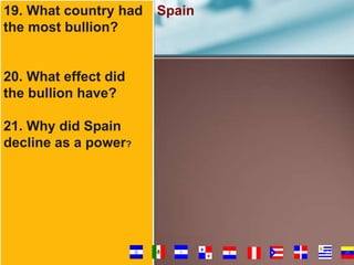 19. What country had
the most bullion?

Spain

20. What effect did
the bullion have?
21. Why did Spain
decline as a power?

81

 
