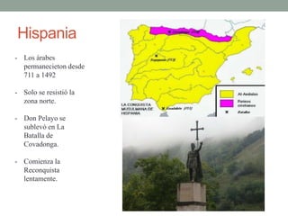 Hispania
- Los árabes
permanecieton desde
711 a 1492
- Solo se resistió la
zona norte.
- Don Pelayo se
sublevó en La
Batalla de
Covadonga.
- Comienza la
Reconquista
lentamente.
 