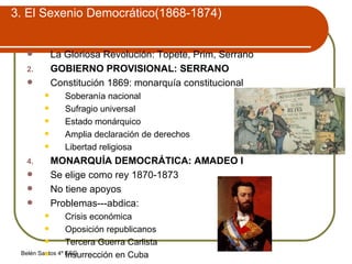 3. El Sexenio Democrático(1868-1874) La Gloriosa Revolución: Topete, Prim, Serrano GOBIERNO PROVISIONAL: SERRANO Constitución 1869: monarquía constitucional Soberanía nacional Sufragio universal Estado monárquico Amplia declaración de derechos Libertad religiosa MONARQUÍA DEMOCRÁTICA: AMADEO I Se elige como rey 1870-1873 No tiene apoyos Problemas---abdica: Crisis económica Oposición republicanos Tercera Guerra Carlista Insurrección en Cuba 
