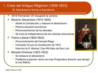 1. Crisis del Antiguo Régimen (1808-1833)   B/ Absolutismo frente a liberalismo   1814 Fernando VII recuperó la corona Sexenio Absolutista (1814-1820) Abolió la Constitución y restauró el absolutismo Pésima situación económica Pronunciamientos de los liberales Se inicia la independencia de las colonias americanas Trienio Liberal (1820-1823) Pronunciamiento del Coronel Riego Fernando VII jura la Constitución de 1812 Intervino la S. Alianza: Cien Mil Hijos de San Luís Década Ominosa (1823-1833) Se restaura el absolutismo Problema sucesorio: tenía una hija (Pragmática Sanción que deroga la Ley Sálica) 