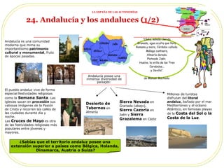 “ Cádiz, salada clarida. Granada, agua oculta que llora.  Romana y mora, Córdoba callada. Málaga cantaora, Almería dorada. Plateado Jaén.  Huelva, la orilla de las Tres Carabelas... y Sevilla”. de Manuel Machado. ¿Sabías que el territorio andaluz posee una extensión superior a países como Bélgica, Holanda,  Dinamarca, Austria o Suiza? Millones de turistas disfrutan del  litoral andaluz , bañado por el mar Mediterráneo y el océano Atlántico, en famosas playas de la  Costa del Sol o la Costa de la Luz . Desierto de Tabernas  en Almería Sierra Nevada   en Granada (abajo) ‏ ,  Sierra Cazorla  en Jaén y  Sierra Grazalema  en Cádiz 24. Andalucía y los andaluces  (1/2) Andalucía posee una inmensa diversidad de paisajes: Andalucía es una comunidad moderna que mima su importantísimo  patrimonio cultural y monumental , fruto de épocas pasadas. El pueblo andaluz vive de forma especial festividades religiosas como la  Semana Santa . Las iglesias sacan en  procesión  sus valiosas imágenes de la Pasión de Cristo y recorren las calles de las ciudades durante día y noche.  Las  Cruces de Mayo  es otra de las festividades religiosas más populares entre jóvenes y mayores. LA ESPAÑA DE LAS AUTONOMÍAS 