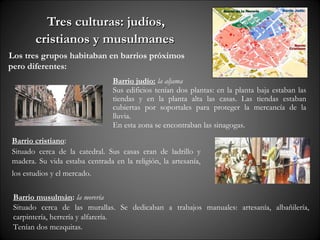 Tres culturas: judíos,
       cristianos y musulmanes
Los tres grupos habitaban en barrios próximos
pero diferentes:
                                Barrio judío: la aljama
                                Sus edificios tenían dos plantas: en la planta baja estaban las
                                tiendas y en la planta alta las casas. Las tiendas estaban
                                cubiertas por soportales para proteger la mercancía de la
                                lluvia.
                                En esta zona se encontraban las sinagogas.
Barrio cristiano:
Situado cerca de la catedral. Sus casas eran de ladrillo y
madera. Su vida estaba centrada en la religión, la artesanía,
los estudios y el mercado.

 Barrio musulmán: la morería
 Situado cerca de las murallas. Se dedicaban a trabajos manuales: artesanía, albañilería,
 carpintería, herrería y alfarería.
 Tenían dos mezquitas.
 