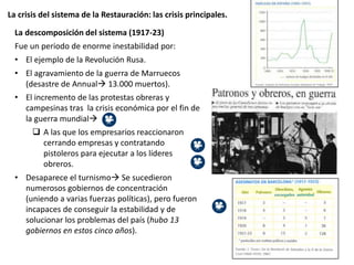 La crisis del sistema de la Restauración: las crisis principales.
La descomposición del sistema (1917-23)
Fue un periodo de enorme inestabilidad por:
• El ejemplo de la Revolución Rusa.
• El agravamiento de la guerra de Marruecos
(desastre de Annual 13.000 muertos).
• El incremento de las protestas obreras y
campesinas tras la crisis económica por el fin de
la guerra mundial
 A las que los empresarios reaccionaron
cerrando empresas y contratando
pistoleros para ejecutar a los líderes
obreros.
• Desaparece el turnismo Se sucedieron
numerosos gobiernos de concentración
(uniendo a varias fuerzas políticas), pero fueron
incapaces de conseguir la estabilidad y de
solucionar los problemas del país (hubo 13
gobiernos en estos cinco años).
 