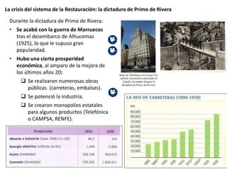 La crisis del sistema de la Restauración: la dictadura de Primo de Rivera
Durante la dictadura de Primo de Rivera:
• Se acabó con la guerra de Marruecos
tras el desembarco de Alhucemas
(1925), lo que le supuso gran
popularidad.
• Hubo una cierta prosperidad
económica, al amparo de la mejora de
los últimos años 20:
 Se realizaron numerosas obras
públicas (carreteras, embalses).
 Se potenció la industria.
 Se crearon monopolios estatales
para algunos productos (Telefónica
o CAMPSA, RENFE).
 