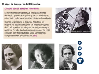 El papel de la mujer en la II República
Victoria Kent
Clara Campoamor Margarita Nelken
Dolores Ibarruri, la Pasionaria
 