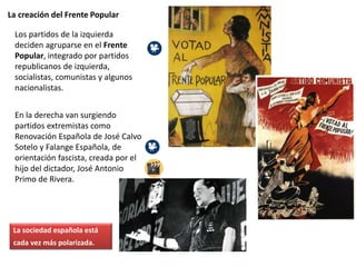 La creación del Frente Popular
Los partidos de la izquierda
deciden agruparse en el Frente
Popular, integrado por partidos
republicanos de izquierda,
socialistas, comunistas y algunos
nacionalistas.
En la derecha van surgiendo
partidos extremistas como
Renovación Española de José Calvo
Sotelo y Falange Española, de
orientación fascista, creada por el
hijo del dictador, José Antonio
Primo de Rivera.
La sociedad española está
cada vez más polarizada.
 