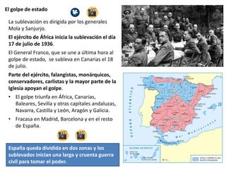 El golpe de estado
La sublevación es dirigida por los generales
Mola y Sanjurjo.
El ejército de África inicia la sublevación el día
17 de julio de 1936.
El General Franco, que se une a última hora al
golpe de estado, se subleva en Canarias el 18
de julio.
Parte del ejército, falangistas, monárquicos,
conservadores, carlistas y la mayor parte de la
Iglesia apoyan el golpe.
• El golpe triunfa en África, Canarias,
Baleares, Sevilla y otras capitales andaluzas,
Navarra, Castilla y León, Aragón y Galicia.
• Fracasa en Madrid, Barcelona y en el resto
de España.
España queda dividida en dos zonas y los
sublevados inician una larga y cruenta guerra
civil para tomar el poder.
 