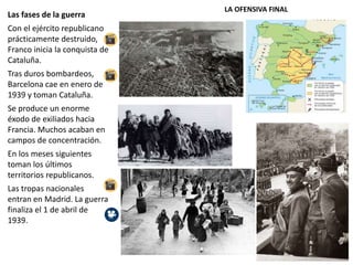 Las fases de la guerra
Con el ejército republicano
prácticamente destruido,
Franco inicia la conquista de
Cataluña.
Tras duros bombardeos,
Barcelona cae en enero de
1939 y toman Cataluña.
Se produce un enorme
éxodo de exiliados hacia
Francia. Muchos acaban en
campos de concentración.
En los meses siguientes
toman los últimos
territorios republicanos.
Las tropas nacionales
entran en Madrid. La guerra
finaliza el 1 de abril de
1939.
LA OFENSIVA FINAL
 