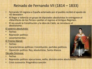 Reinado de Fernando VII (1814 – 1833)
• Fernando VII regresa a España aclamado por el pueblo recibió el apodo de
«El deseado»
• Al llegar a Valencia un grupo de diputados absolutistas le entregaron el
«Manifiesto de los Persas» pedían el regreso al Antiguo Régimen.
• El rey anuló la Constitución y la obra de Cádiz, se reinstaura el
absolutismo.
El sexenio absolutista:
• Fechas:
• Represión política:
• Levantamientos:
El Trienio liberal:
• Fechas:
• Características políticas: Constitución, partidos políticos.
• Oposición política: Rey, absolutistas, Santa Alianza.
Década Ominosa:
• Fechas
• Represión política: ejecuciones, exilio, división entre absolutistas.
• Crisis sucesoria: Pragmática sanción
 