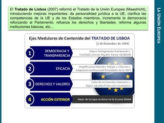 El Tratado de Lisboa (2007) reformó el Tratado de la Unión Europea (Maastricht),
introduciendo mejoras importantes: da personalidad jurídica a la UE, clarifica las
competencias de la UE y de los Estados miembros, incrementa la democracia
reforzando al Parlamento, refuerza los derechos y libertades, reforma algunas
instituciones básicas, etc...
LAUNIÓNEUROPEA
 