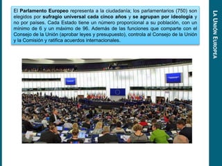 El Parlamento Europeo representa a la ciudadanía; los parlamentarios (750) son
elegidos por sufragio universal cada cinco años y se agrupan por ideología y
no por países. Cada Estado tiene un número proporcional a su población, con un
mínimo de 6 y un máximo de 96. Además de las funciones que comparte con el
Consejo de la Unión (aprobar leyes y presupuesto), controla al Consejo de la Unión
y la Comisión y ratifica acuerdos internacionales.
LAUNIÓNEUROPEA
 