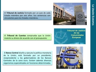El Tribunal de Justicia formado por un juez de cada
Estado miembro por seis años. Sus sentencias son
vinculantes para los Estados miembros.
El Tribunal de Cuentas comprueba que la Unión
invierte su dinero de acuerdo con el presupuesto.
El Banco Central diseña y ejecuta la política monetaria
de la Unión; está formado por un presidente,
vicepresidente y los gobernadores de los Bancos
Centrales de la zona euro. Existen además diversos
organismos especializados en funciones determinadas.
LAUNIÓNEUROPEA
 