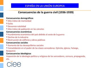 ESPAÑA EN LA UNIÓN EUROPEA
Consecuencias demográficas
† Alto índice de mortalidad
† Exilio
† Descenso natalidad
† Alto índice de población en las cárceles
Consecuencias económicas
† Hundimiento económico del país debido al coste de la guerra
† Declive de la industria
† Destrucción de edificios y obras públicas
Consecuencias sociales
† Aumento de los desequilibrios sociales
† Consolidación en el poder de las clases vencedoras: Ejército, Iglesia, Falange,
Burguesía
Consecuencias ideológicas
Imposición de la ideología política y religiosa de los vencedores, censura, propaganda,
etc.
Consecuencias de la guerra civil (1936-1939)
 