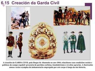 6.15  Creación da Garda Civil A creación da GARDA CIVIL polo Duque de Ahumada no ano 1844, relaciónase coas condicións sociais e políticas do campo español: presencia de partidas carlistas, bandoleirismo e revoltas agrarias. A ilustración amosa varios exemplos da indumentaria empregada por este corpo ó longo da súa historia. 